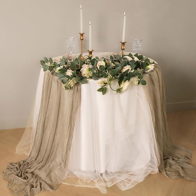 Snowkingdom 6PCS Light Brown Christmas Cheesecloth Table Runner, 120 inch Long Tan Boho Gauze Sheer Runner for Wedding Baby Shower Birthday Xmas Holiday Party Table Decorations