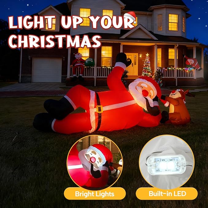 JOYHALO 8FT Christmas Inflatable Lying Santa and Reindeer Outdoor Decorations, Blow Up Yard Decorations with Bright LED Lights, Giant Christmas Inflatables for Roof Indoor Lawn Party Decor