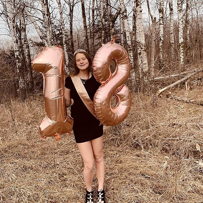 Rose Gold Number 18 Mylar Foil Balloons, 40 Inch Giant 18th Birthday Balloons for Girls, Rose Gold Number 1 & 8 Helium Balloon for Women 18th Anniversary Party Decorations Supplies