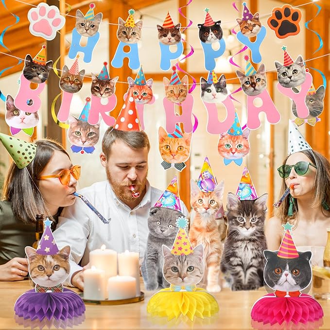 Chinco 16 Pcs Cat Theme Birthday Party Decorations Party Supplies Kit, Includes Cat Party Banner with 6 Hanging Cutouts 6 Hanging Swirl Decor and 3 Birthday Honeycomb Party Decoration(Cute Style)