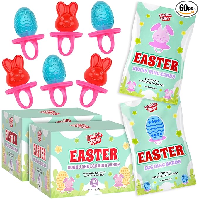 60 Pack Easter Ring Candy – Individually Wrapped Holiday Themed Bunny & Egg Lollipops – Strawberry, Tutti Frutti Delicious Flavors – Bulk Suckers Great Use, For Kids, Party Favor, Classrooms Partys, Goodie Bags, Baskets