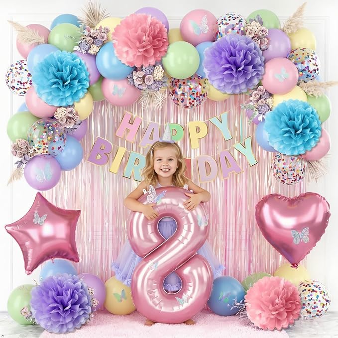 Pastel 8th Birthday Party Decorations for Girls Number 8 Balloon Happy Birthday Banner Butterfly Stickers Fringe Curtain Paper Pom Poms Macaron Pink Star Heart Foil Colorful Balloons 8 Year Old Decor