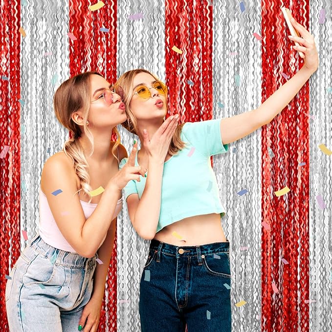 4 Pack Red Silver Wave Foil Fringe Curtain Backdrop, 3.28Ft x 8.2Ft Metallic Tinsel Foil Fringe Streamer Curtains for Photo Booth, Mother's Day, Easter, Birthday, Wedding Party Decoration