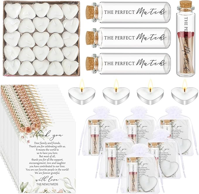 Wovnet 50 Sets Wedding Party Favors for Guests Bulk Including Heart Shaped Candles and Empty Matches Jars with Cork Top Thank You Cards and Organza Bags for Wedding Bridal Shower Party (Boho Flower)
