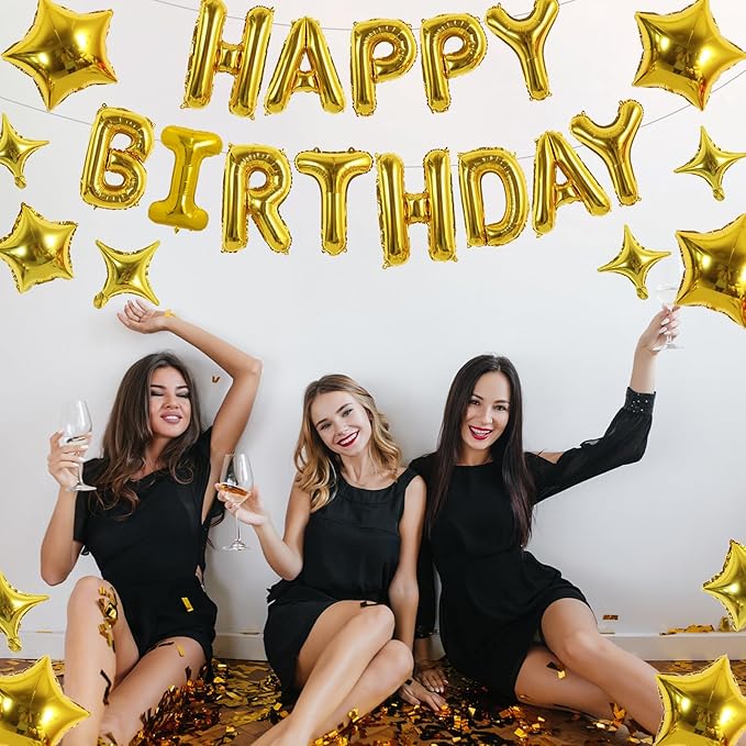 TONIFUL 35PCS Gold Happy Birthday Decorations Kit 16 Inch Happy Birthday Balloon Banner with Star Balloons Mylar Foil Birthday Party Decorations Supplies for Men Women Adults Girls Boys Kids