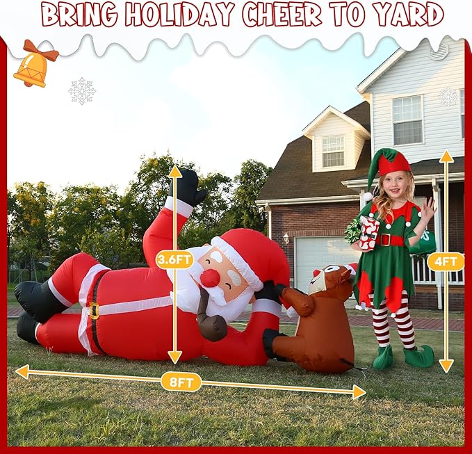 JOYHALO 8FT Christmas Inflatable Lying Santa and Reindeer Outdoor Decorations, Blow Up Yard Decorations with Bright LED Lights, Giant Christmas Inflatables for Roof Indoor Lawn Party Decor