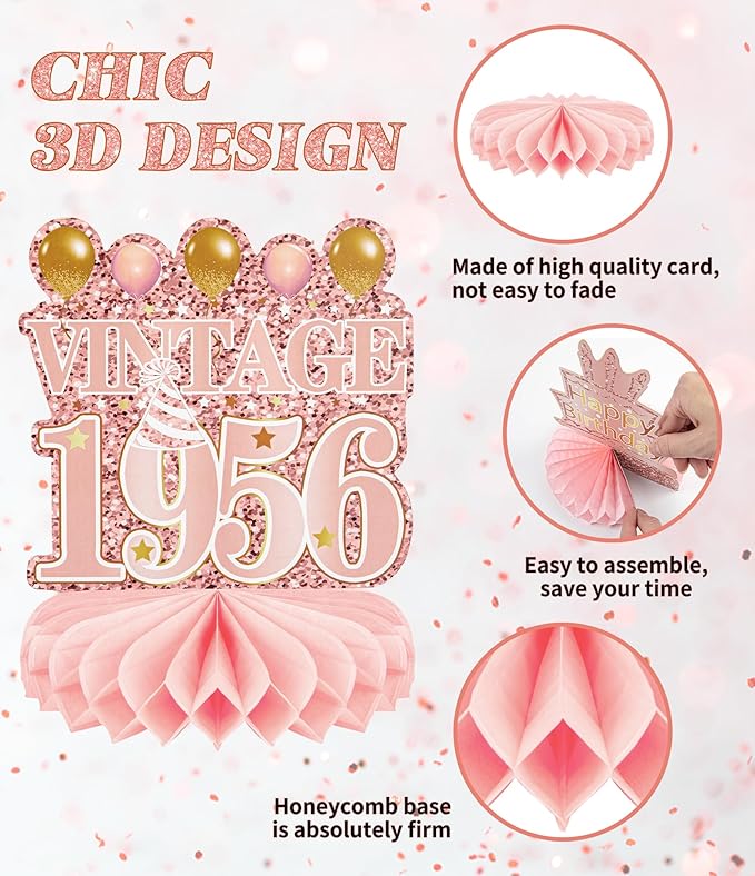 9 Pcs 70th Birthday Decoration for Women Happy 70th Birthday Table Honeycomb Decorations Rose Gold Pink Centerpieces Tables Toppers1956 Decor Cheers to 70 Years Old Birthday Party Favors