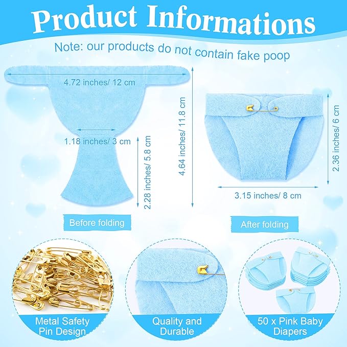 Roowest 51 Pcs Dirty Diaper Baby Shower Games Funny Wooden Sign with 50 Pcs Mini Diapers Cute Felt for Gender Reveal Party Baby Shower(Bear Blue)