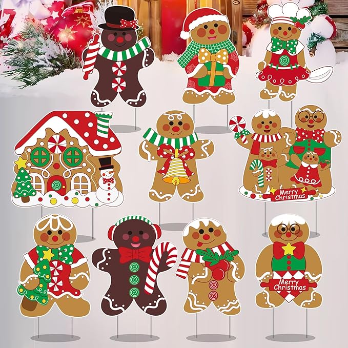 10 Pack Gingerbread Christmas Decorations, Christmas Gingerbread Man Yard Signs - Outdoor Lawn Decorations with Stakes, Holiday Pathway Markers for Garden, Patio, Xmas Party Decor