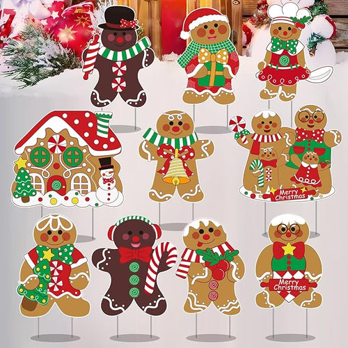 10 Pack Gingerbread Christmas Decorations, Christmas Gingerbread Man Yard Signs - Outdoor Lawn Decorations with Stakes, Holiday Pathway Markers for Garden, Patio, Xmas Party Decor