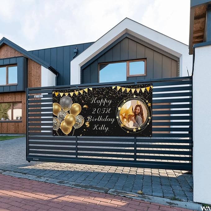 Custom Happy Birthday Banner Personalized Banners and Signs with Photo Name for Women Men Kids Party Decorations Supplies Indoor Outdoor Birthday Gifts Style 04