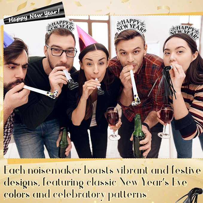 Lenwen 18 Pcs Happy New Years Eve Party Supplies New Year Noise Makers Headband Tiara Party Horn Blowers Whistles Fringed Noisemaker Novelty Favors for Adult Decoration(Black)