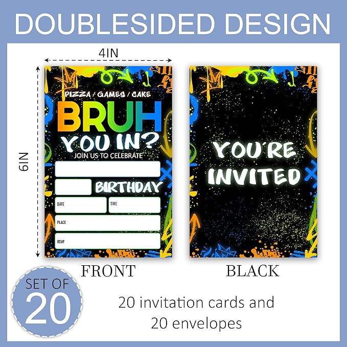 Bruh You In Theme Birthday Invitation, Boys Game Party Invitation Cards, 4 x 6 Double Sided 20 Count with Envelopes Party Supplies, Fill in Blank