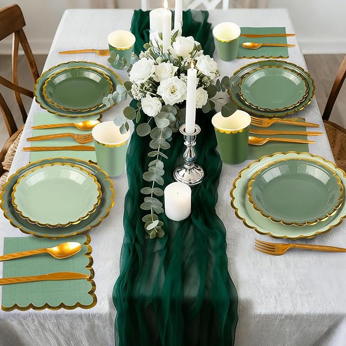 Kochorie 140 PCS Sage Green Party Supplies for 20 Guests Disposable Dinnerware Set Includes Scalloped Plates Napkins Cup Cutlery Tableware Set for Birthday Party Wedding Baby Shower Picnic