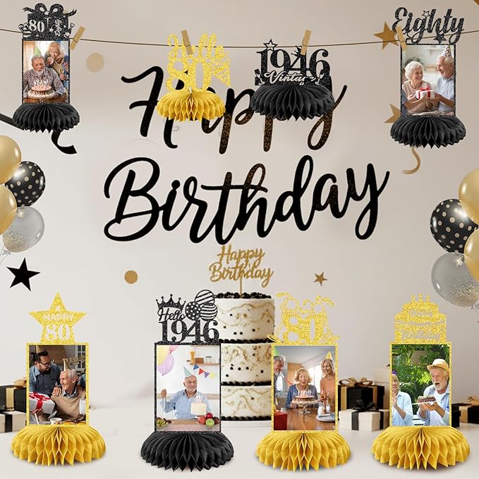 8Pcs 80th Birthday Decoration for Men Women Happy 80th Birthday Honeycomb Centerpieces 80th Birthday Table Party Decorations Black and Gold Cheers to 80 Years Decor 1946 Birthday Party Favors
