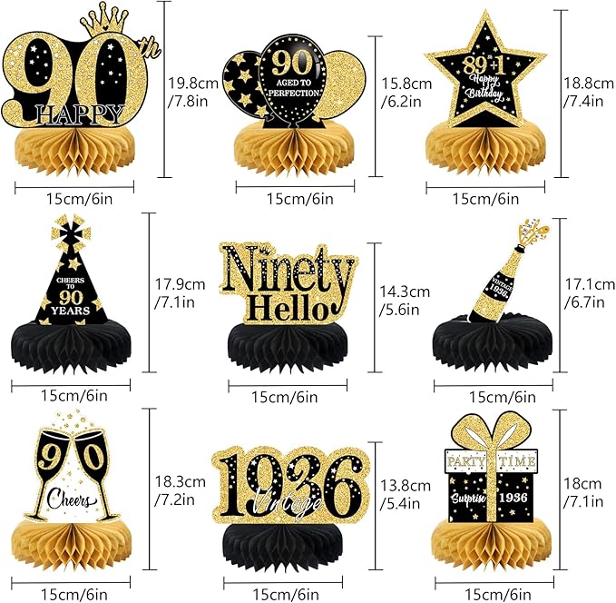 9Pcs 90th Birthday Decorations Honeycomb Centerpieces for Women,Black Gold Happy 90th Birthday Centerpieces Tables Toppers Party Decorations Supplies, Vintage 1936 Aged Table Sign Decor