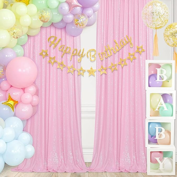 B-COOL Pink Sequin Backdrop Curtains 2ftx8ft Pink Party Backdrop 4 Panels Baby Shower Photo Backdrop Party Backdrop Curtain