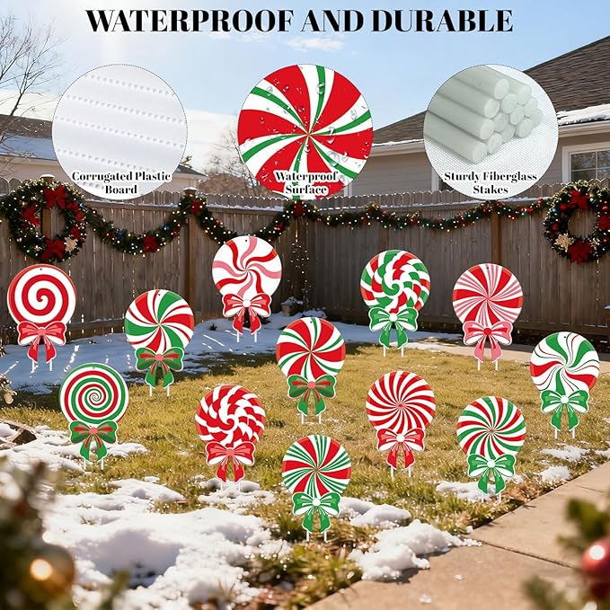 12 PCS Christmas Candy Yard Signs with LED Lights, Peppermint Lollipop Xmas Outdoor Decorations with Stakes, Christmas Garden, Yard, Lawn, Patio, Pathway Decor