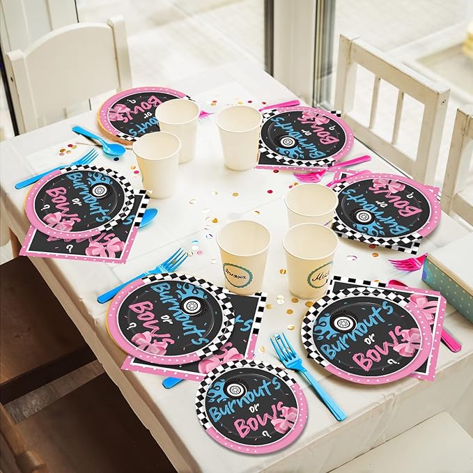 chiazllta 96 Pcs Gender Reveal Burnouts or Bows Party Plate and Napkins Supplies Disposable Tableware Decor Party Paper Plates Napkins for Party Favors 24 Guests