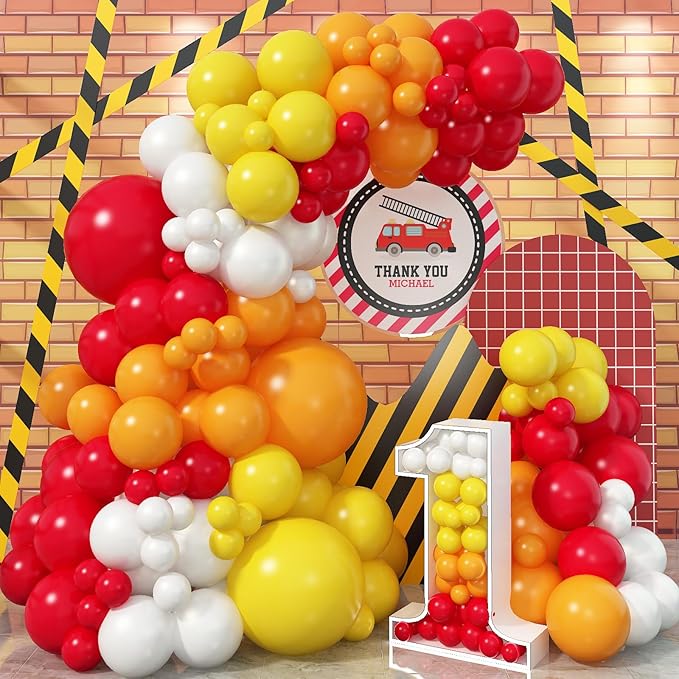 Balloon Garland Arch Kit Red Yellow Orange White Latex Balloons Orange Red Party Balloons for Boys Firemen Firefighter Pizza Birthday Party Fire Truck Engine Fall Thanksgiving Party Decorations