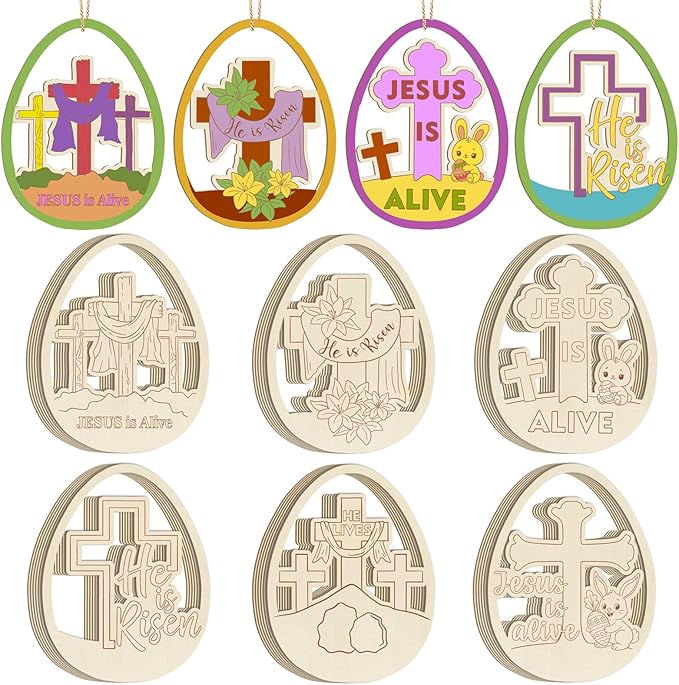 36PCS Wooden Easter Ornaments to Paint, Christian DIY Blank Unfinished Wood Egg Cutouts for Crafts Hanging Decorations Happy Easter Hallow Cross He is Risen Jesus is Alive Rabbit Religious Lily
