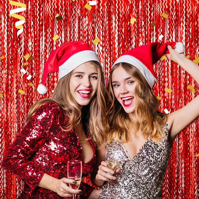 4 Pack Red Wave Foil Fringe Curtain Backdrop, 3.28Ft x 8.2Ft Metallic Tinsel Foil Fringe Streamer Curtains for Photo Booth, Mother's Day, Easter, Birthday, Wedding Party Decoration