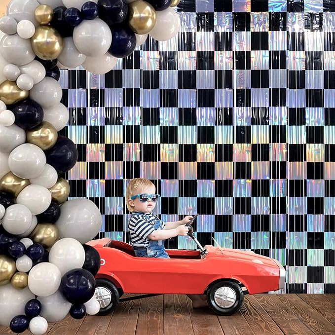 4 Pack 3.3Ft x 6.6Ft Race Car Checkered Foil Fringe Curtain Backdrop Decorations, Black Iridescent Metallic Tinsel Foil Streamers Curtain Photo Booth for Race Car One Happy Dude Birthday Party Decor