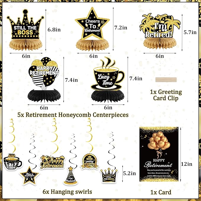 Happy Retirement Party Decorations for Men and Women - Black and Gold Banner, Backdrop Card, Sash, Hanging Swirls, Foil Balloons, Honeycomb Centerpieces