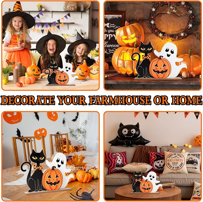 Halloween Decorations Indoor Wooden Black Cat Halloween Decor Ghost Table Sign Pumpkin Table Centerpieces Standing Tabletop Decoration for Holiday Desk Tiered Tray Party Shelf Decorations Farmhouse