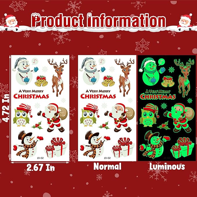 10 Sheets Luminous Christmas Tattoos, Christmas Temporary Tattoos, Bulk Stocking Stuffers, Merry Xmas Party Decorations Supplies, Xmas Goodie Bag Stuffers Candy