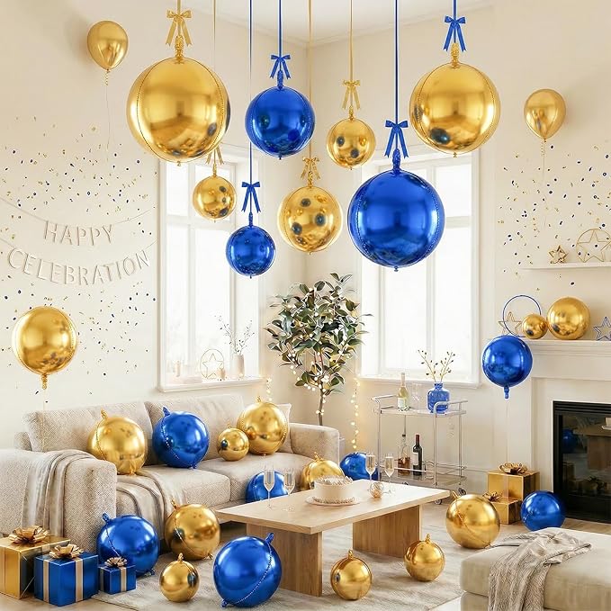 Togvu Navy Gold Round Foil Balloons, 16PCS Different Sizes 4D Metallic Balloon Large Sphere Mirror Ball Balloons for Prom Graduation New Year Men Birthday Party Ceiling Decorations Supplies