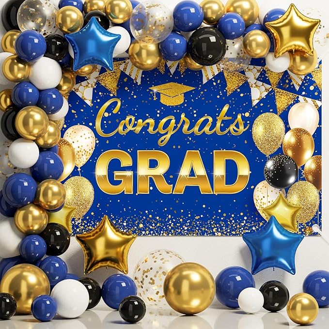 Ecomore 2026 Graduation Decorations - 245 PCS Grad Disposable Dinnerware(Serve 25) & Graduation Party Supplies With Congrats Paper Plate Cup Napkin Cutlery Tablecloth Backdrop Balloon Kit - Blue Gold