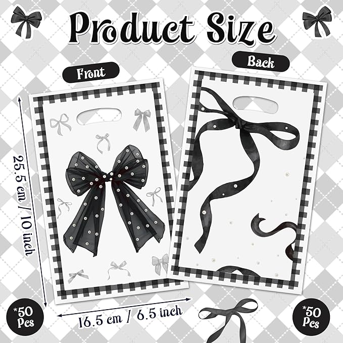 Black Bow Party Favor Bags - 50Pcs Black Bow Knot Goody Candy Treat Gifts Bags, Trendy Preppy Girls Theme Party Decorations for Women Girls Birthday Wedding Bridal Shower Bachelorette
