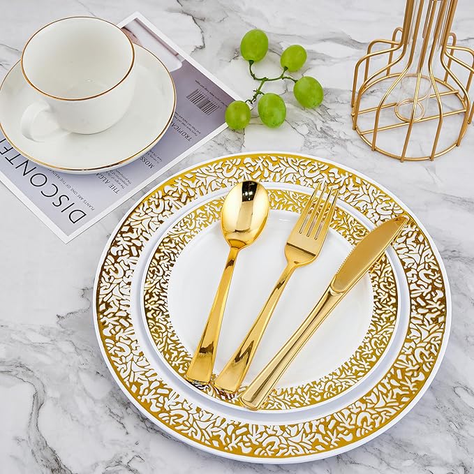 210 Count Gold Plastic Dinnerware, Gold Disposable Plates, Includes: 30 Dinner & 30 Dessert Plates & 30 Cups & 30 Paper Napkins & 30 Plastic Silverware Set -for Thanksgiving, Christmas, Parties