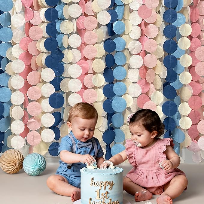 205 Ft Dusty Rose Pink Blue Khaki Beige Circle Dot Backdrop Garland Tissue Paper Polka Dots Hanging Streamer for Gender Reveal He or She Boy or Girl Baby Shower Birthday Wedding Party Decorations