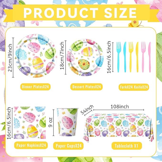 Easter Party Decorations Tableware,145pcs Easter Plates and Napkins,Cup,Tablecloth,Fork,Knife,Disposable Easter Egg Paper Plates and Napkins for Spring Easter Party Supplies,Sever 24