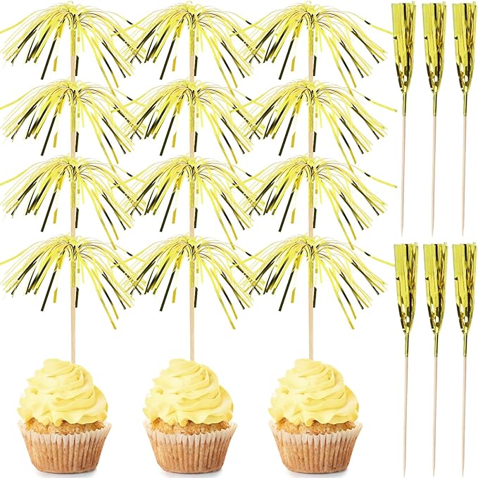 200Pcs Gold Cupcake Toppers, New Years Firework Cocktail Picks Gold Party Table Decorations Firework Toothpicks Fruit Skewers for Happy New Year Party Decorations Halloween Graduation Events