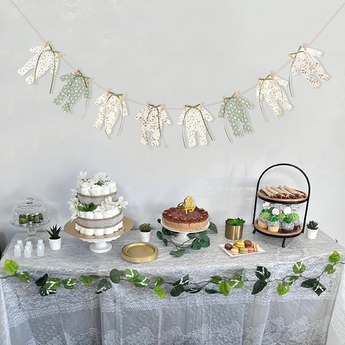 8pcs Neutral Baby Shower Bunting - Green Baby Pajamas with Ribbon Bows, Gender-Revealing Neutral Party Supplies, Clothesline Birthday Party Banner (Baby Shower Banner Green)