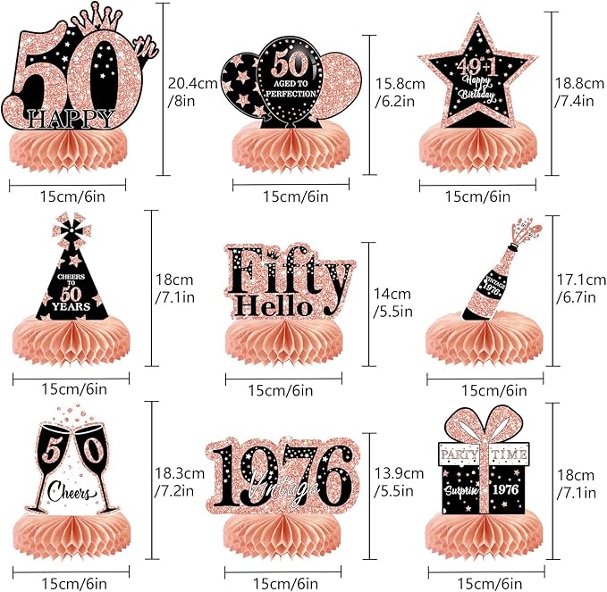 9Pcs 50th Birthday Decorations Honeycomb Centerpieces for Women, Rose Gold Pink Happy 50th Birthday Centerpieces Tables Toppers Party Decorations Supplies, Vintage 1976 Aged Table Sign Decor
