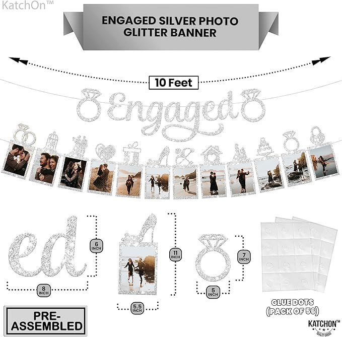 KatchOn, Silver Glitter Engaged Photo Banner - 2 String, 10 Feet, No DIY | Silver Engagement Party Decorations | Engagement Photo Banner for Bachelorette Party Decorations | She Said Yes Decorations