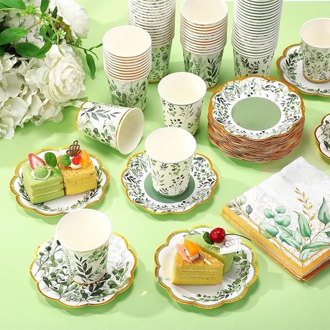 Yungyan 216 Pcs 72 Guests Greenery Plates and Napkins Party Supplies Sage Green and Gold Scalloped Disposable Eucalyptus Paper 6" Plates, Napkins and 9 oz Cups Set for Baby Shower Wedding Decoration