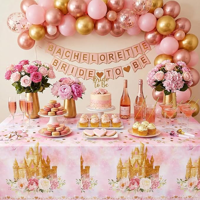 3 Pack Princess Tablecloths, 54 x 108 Inch Disposable Pink Rose Castle Themed Table Cloth Waterproof Pink Tablecloth Rectangle Birthday Party Table Cover for Girls Birthday Baby Shower Party Supplies