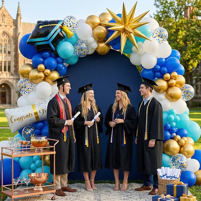 Blue Gold White Balloons Arch Kit, Blue White Balloon Arch with 4D Gold Star Graduation Certificate and Cap Foil Balloon, Royal Golden Confetti Balloons for 2026 Graduation Decoration Birthday Party