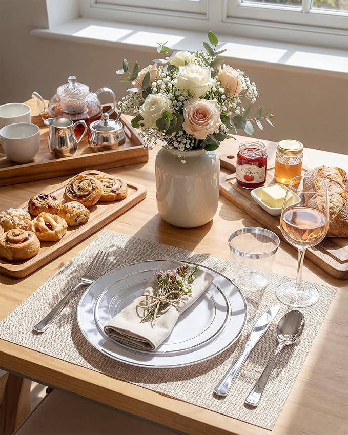 bUCLA 150-Piece Silver Disposable Dinnerware Set - White Plastic Plates with Silver Rim - Include 25 Dinner Plates, 25 Dessert Plates, 25 Forks, 25 Knives, 25 Spoons & 25 Cups for Party & Christmas