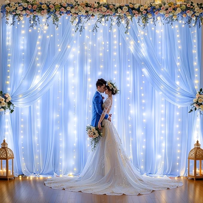 10x10ft Baby Blue Chiffon Backdrop Curtain with Lights String for Wedding Sheer Tulle Curtain Photo Backdrops Drapes for Baby Shower Birthday Party Home Ceremony Decorations