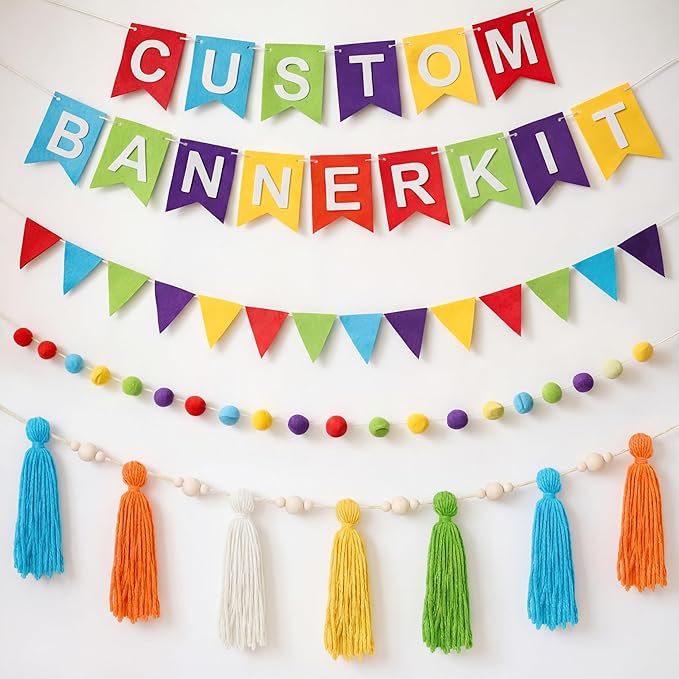 139 Pcs Felt DIY Custom Banner Kit Include 104 Letters 18 Swallowtail Flags 15 Pennants 2 Pcs Pom Pom Garland Tassel Pompom Decoration for Home Baby Shower Birthday(Rainbow)