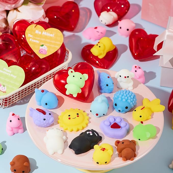 JOYIN 28 PCS Mochi Squishy Toys with Valentine Cards and Filled Hearts Party Favors for Kids Valentine Gifts Classroom Exchange, Kawaii Stress Relief Toy for Valentine’s Day Gift Exchange, Game Prizes