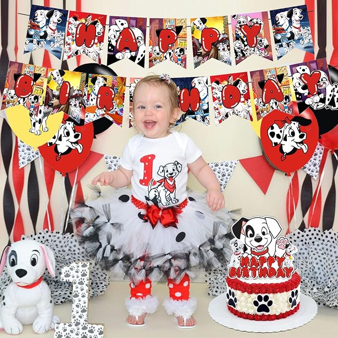 101 Dogs Birthday Party Supplies: Cake Caps, Cupcake Caps, Flags, Latex Balloons - Red, Black, White - Dog Themed - Includes 12 Cupcake Toppers, 1 Big Cake Topper, Banner, 18" Balloons