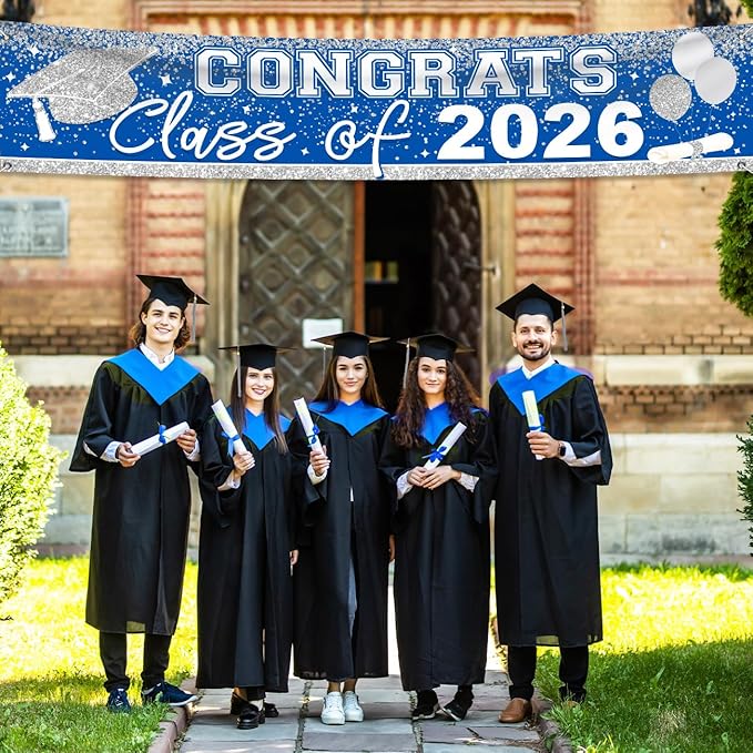 Large Congrats Grad Banner Light Blue Class of 2026 Banner Backdrop 2026 Yard Sign for Graduation Party Supplies Graduation Decorations 2026 (Light Blue)