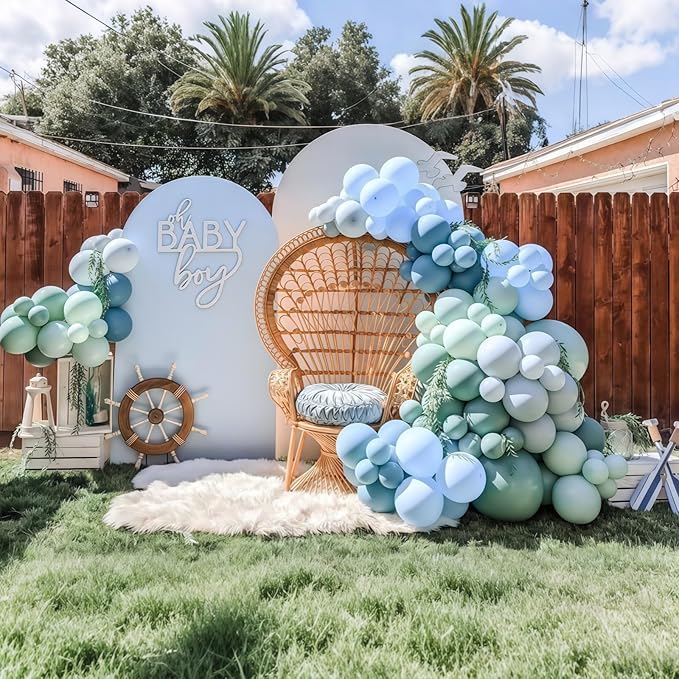 Dusty Slate Blue and Green Garland Balloon Arch Kit, 118pcs Baby Blue Green Party Balloons Balloons for Boys Baby Shower Jungle Woodland Ocean Beach Under The Sea One 1st Birthday Party Decorations